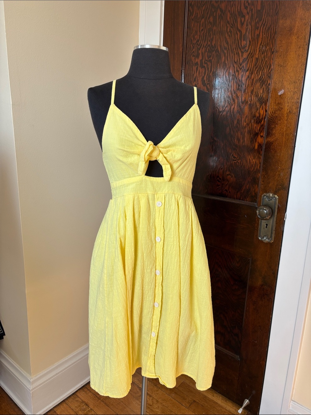 Sunny Yellow Tie-Front Sundress Buttons Sleeveless Smocked Back Butter Yellow